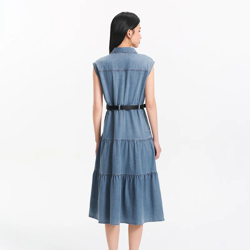 Women's Sleeveless Tiered Denim Midi Dress