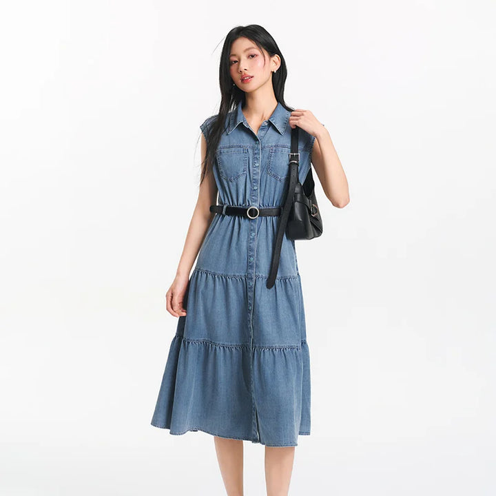 Women's Sleeveless Tiered Denim Midi Dress