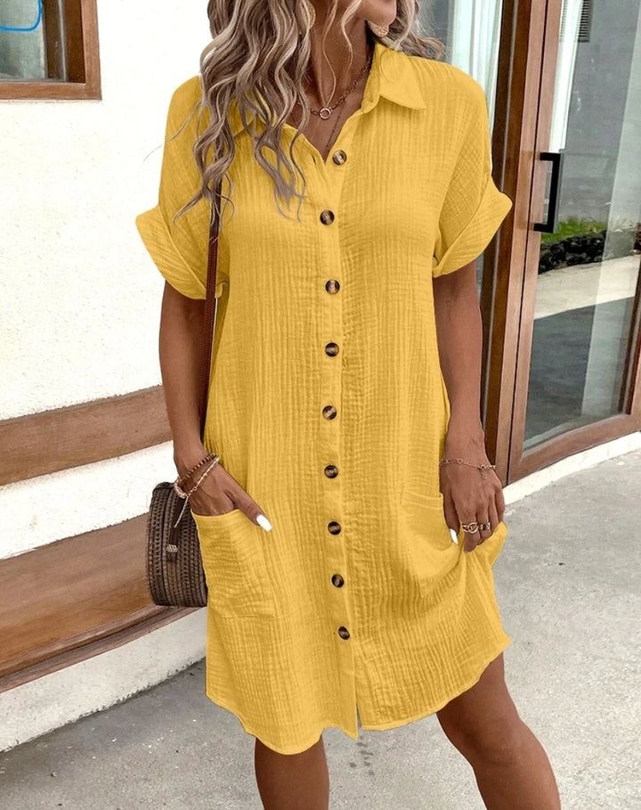  Women's Vintage V-neck Cotton Linen Mini Dress
