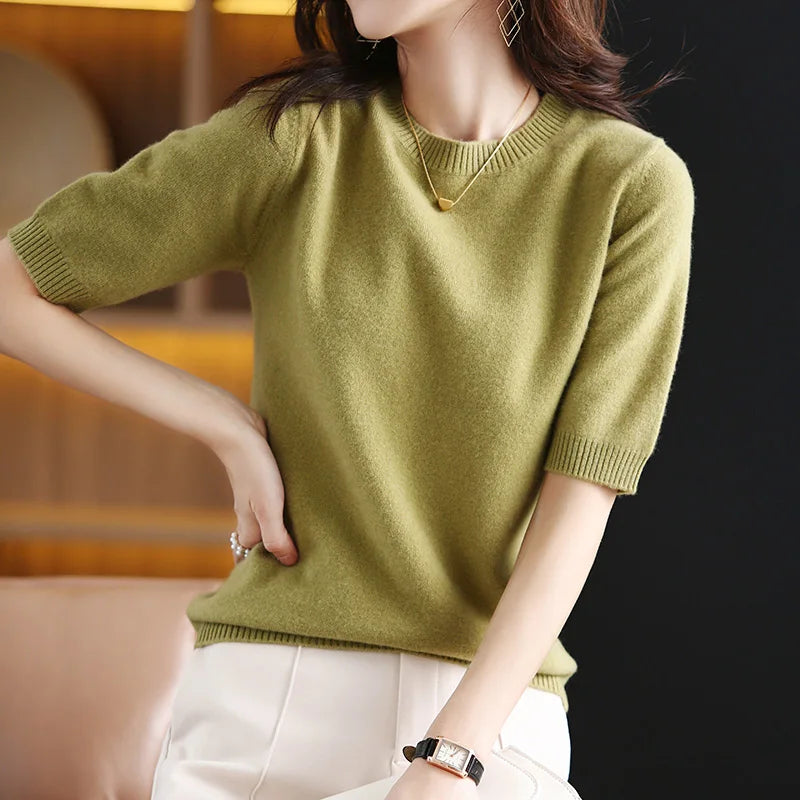 Women's Wool Cashmere Short-Sleeve Crewneck Sweater