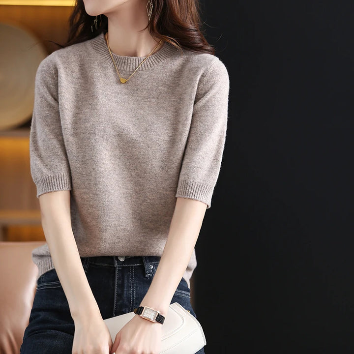 Women's Wool Cashmere Short-Sleeve Crewneck Sweater