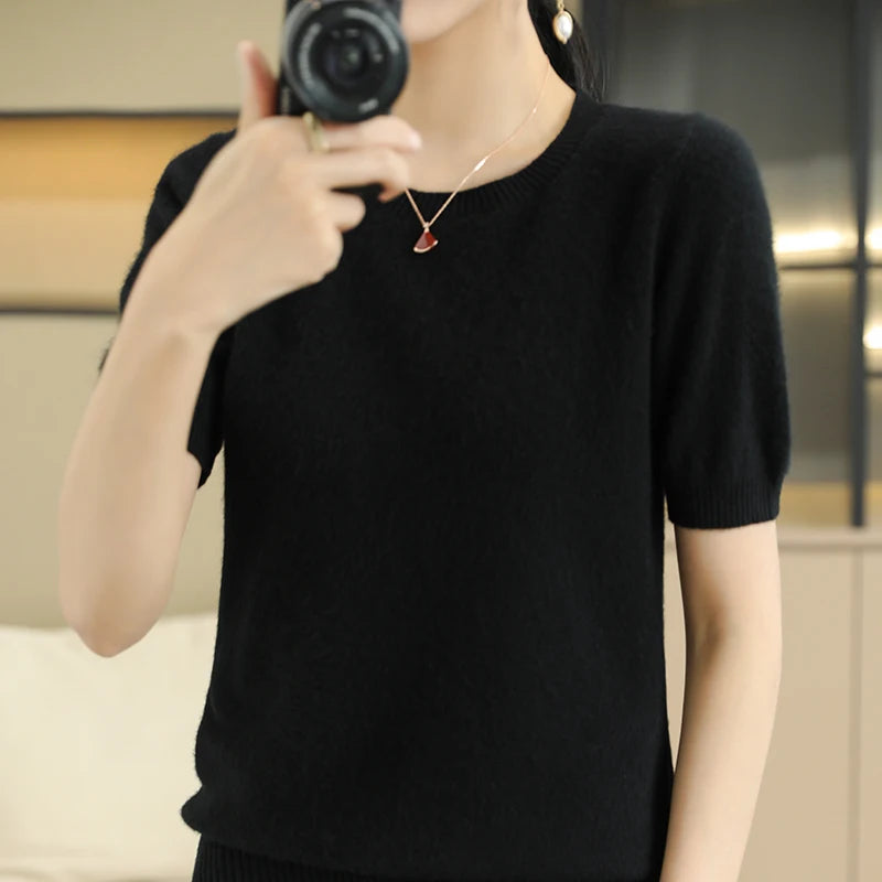 Women's Wool Cashmere Short-Sleeve Crewneck Sweater