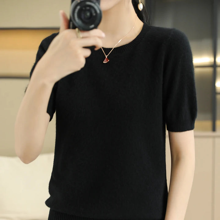 Women's Wool Cashmere Short-Sleeve Crewneck Sweater