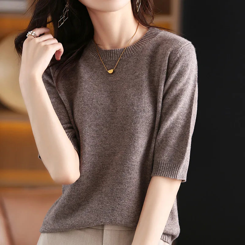 Women's Wool Cashmere Short-Sleeve Crewneck Sweater