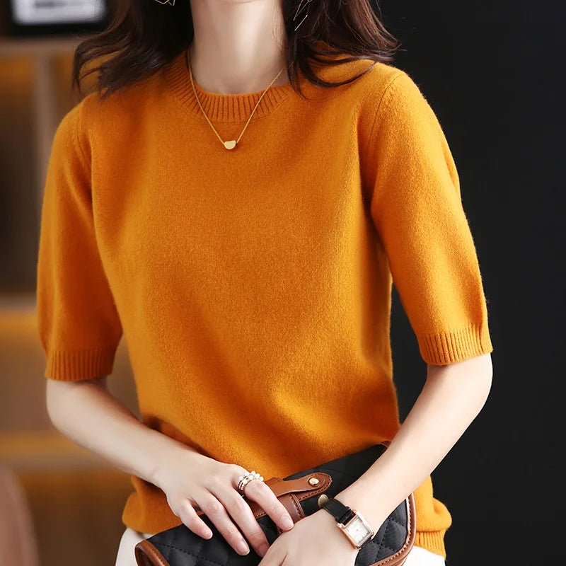 Women's Wool Cashmere Short-Sleeve Crewneck Sweater