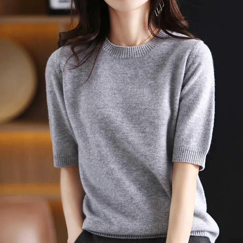 Women's Wool Cashmere Short-Sleeve Crewneck Sweater