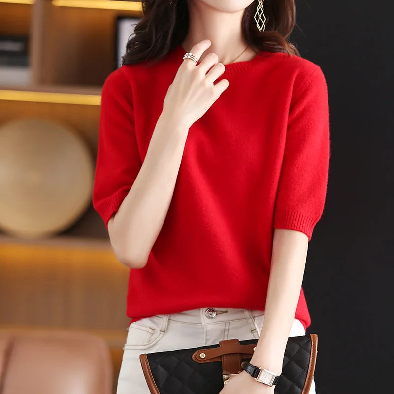 Women's Wool Cashmere Short-Sleeve Crewneck Sweater