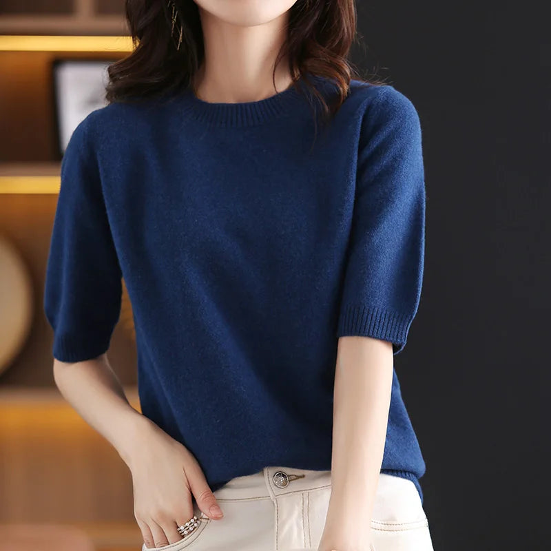 Women's Wool Cashmere Short-Sleeve Crewneck Sweater