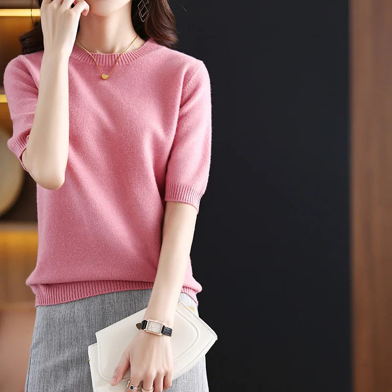 Women's Wool Cashmere Short-Sleeve Crewneck Sweater