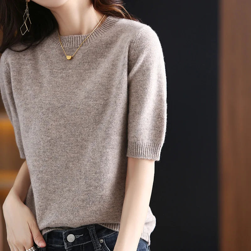 Women's Wool Cashmere Short-Sleeve Crewneck Sweater