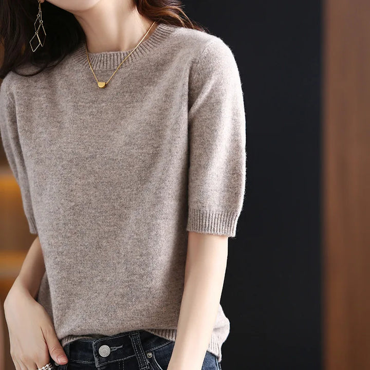 Women's Wool Cashmere Short-Sleeve Crewneck Sweater