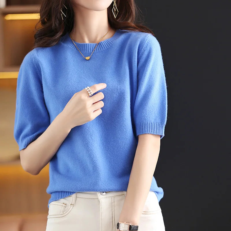 Women's Wool Cashmere Short-Sleeve Crewneck Sweater