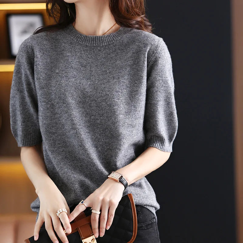 Women's Wool Cashmere Short-Sleeve Crewneck Sweater