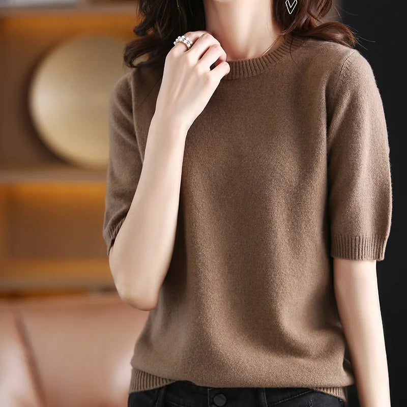 Women's Wool Cashmere Short-Sleeve Crewneck Sweater