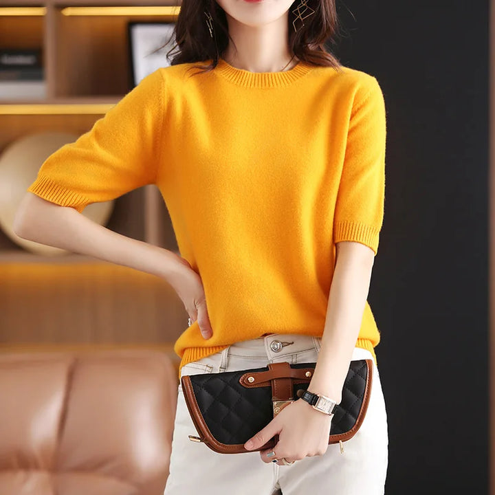 Women's Wool Cashmere Short-Sleeve Crewneck Sweater