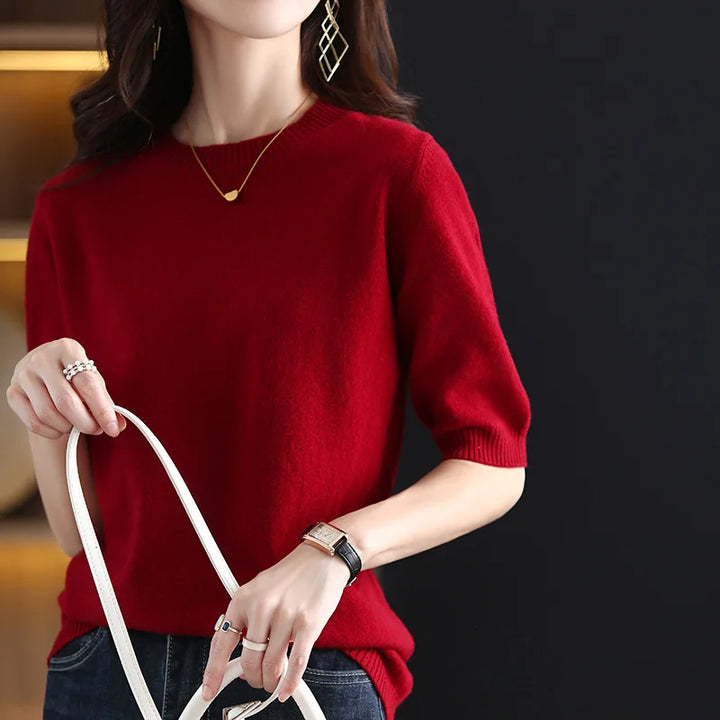 Women's Wool Cashmere Short-Sleeve Crewneck Sweater