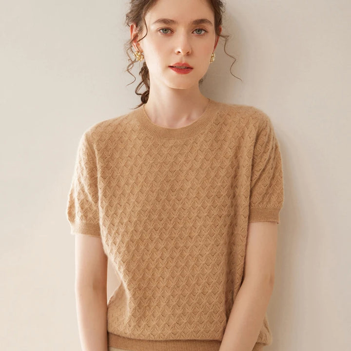 Women's Wool Knit Textured Short Sleeve Sweater