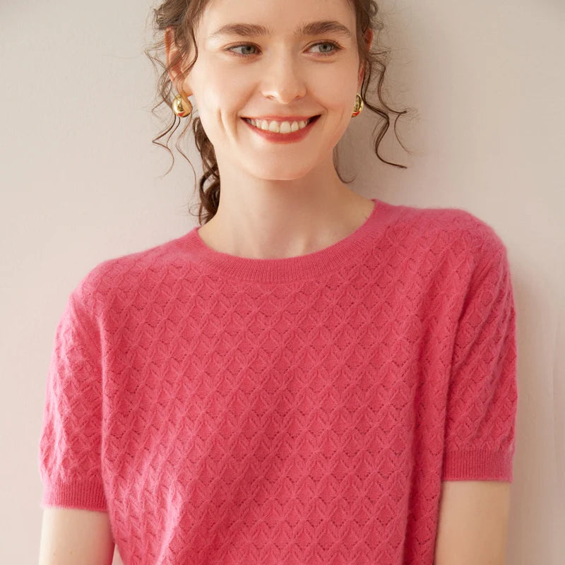 Women's Wool Knit Textured Short Sleeve Sweater