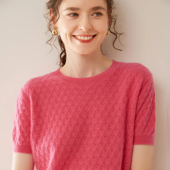 Women's Wool Knit Textured Short Sleeve Sweater