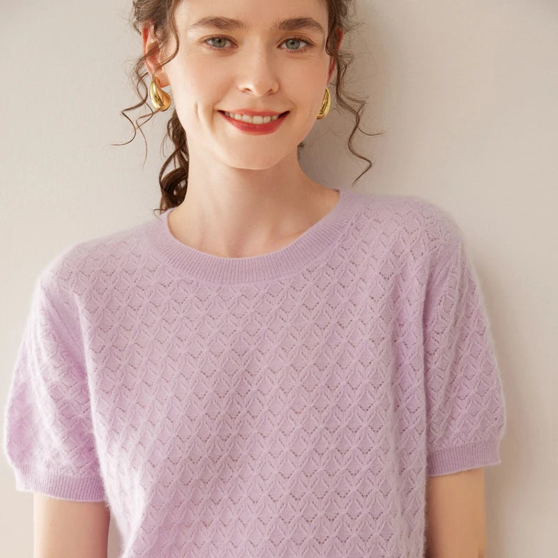 Women's Wool Knit Textured Short Sleeve Sweater