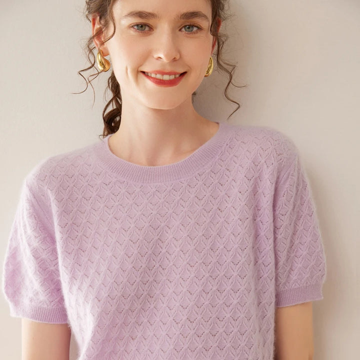 Women's Wool Knit Textured Short Sleeve Sweater