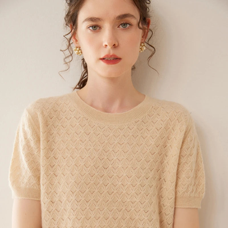 Women's Wool Knit Textured Short Sleeve Sweater
