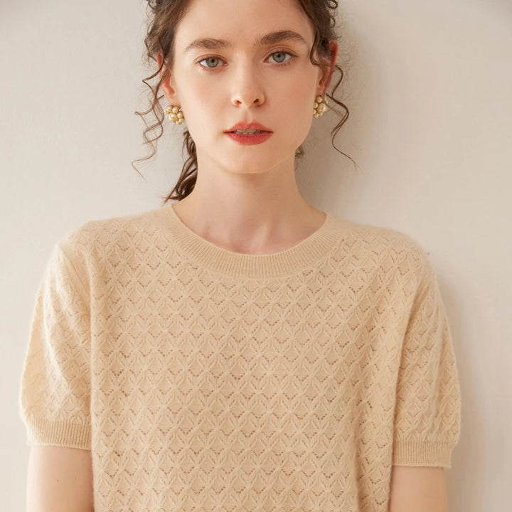 Women's Wool Knit Textured Short Sleeve Sweater