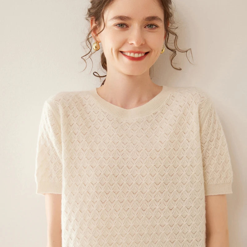 Women's Wool Knit Textured Short Sleeve Sweater