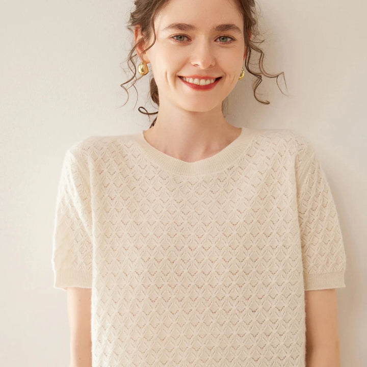 Women's Wool Knit Textured Short Sleeve Sweater