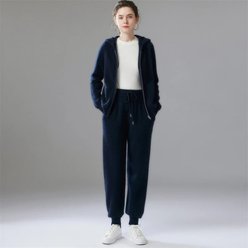 Women's 100% Cashmere Hooded Zip Lounge Set