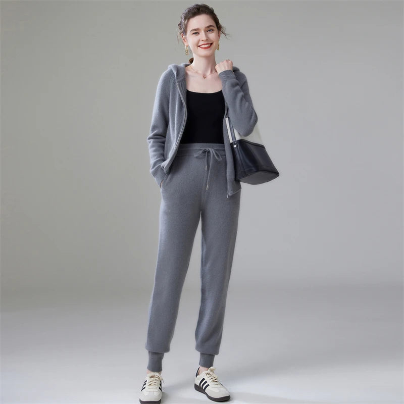 Women's 100% Cashmere Hooded Zip Lounge Set