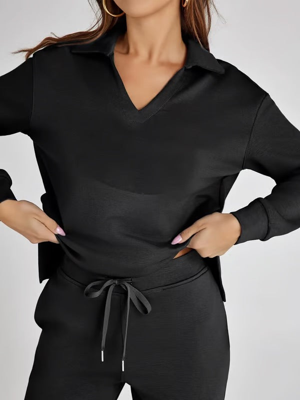 Two-Piece Set V-Neck Sweatshirt Elastic Trousers