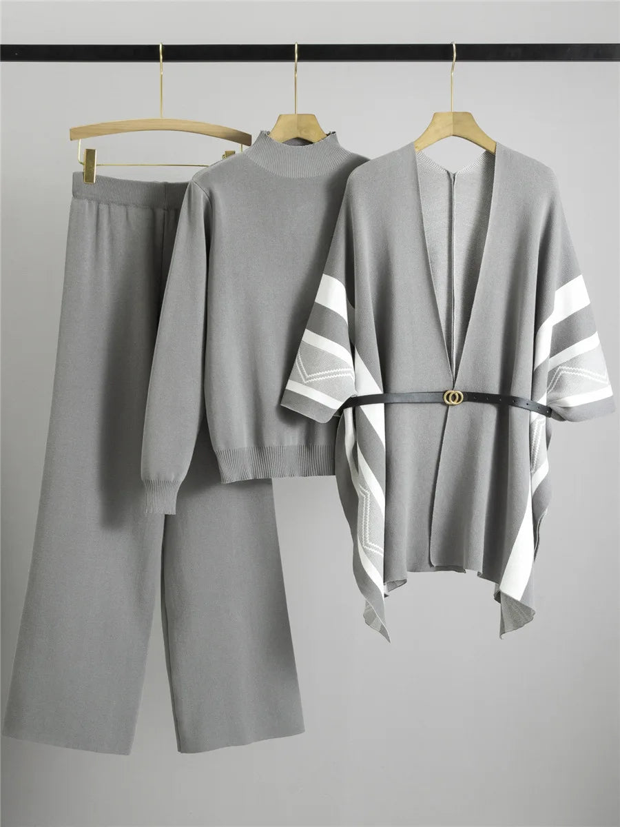 Women's Cashmere Blend Knit Poncho 3-Piece Set