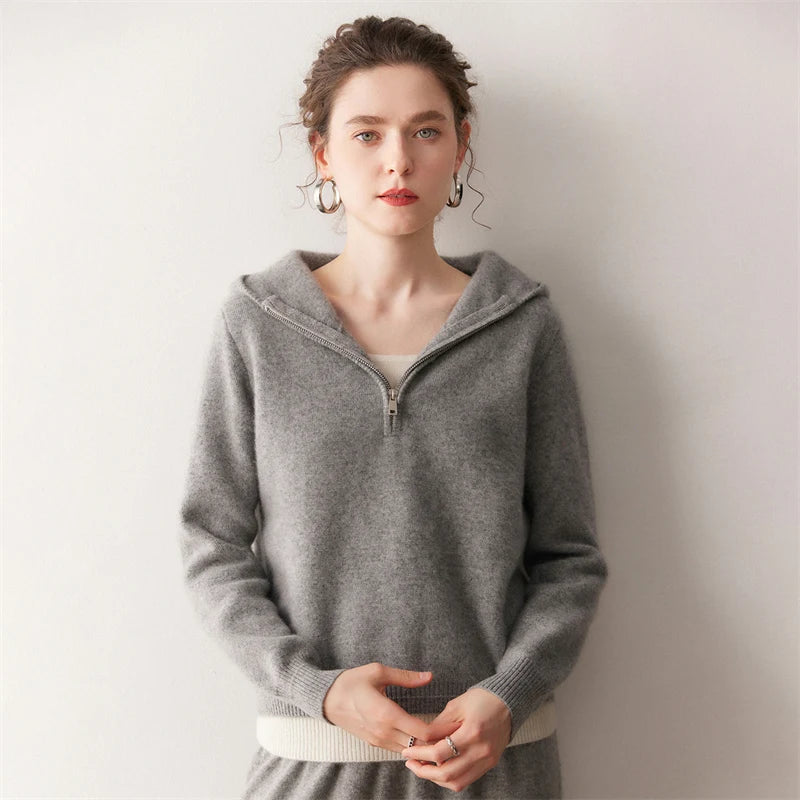 Women's 100% Cashmere Double-Layer Hooded Sweater