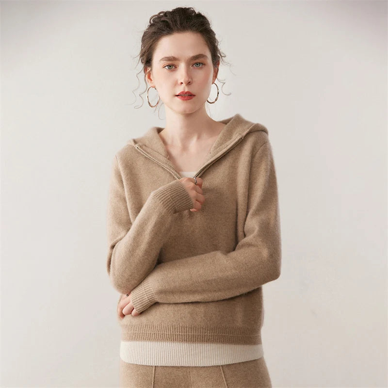 Women's 100% Cashmere Double-Layer Hooded Sweater