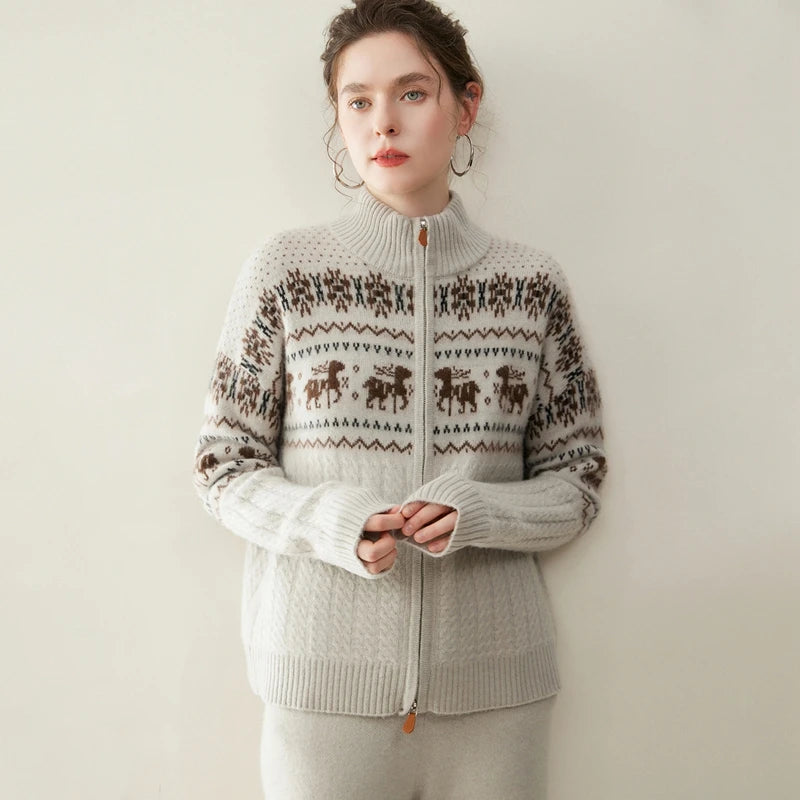 Women's 100% Cashmere Jacquard Zip Cardigan