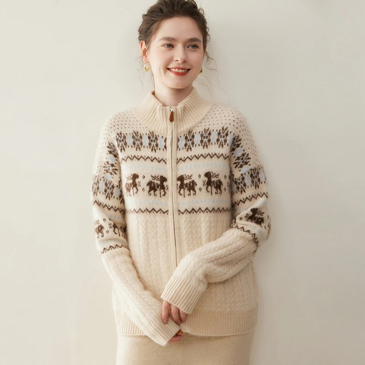 Women's 100% Cashmere Jacquard Zip Cardigan