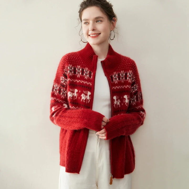 Women's 100% Cashmere Jacquard Zip Cardigan