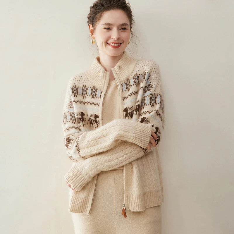 Women's 100% Cashmere Jacquard Zip Cardigan