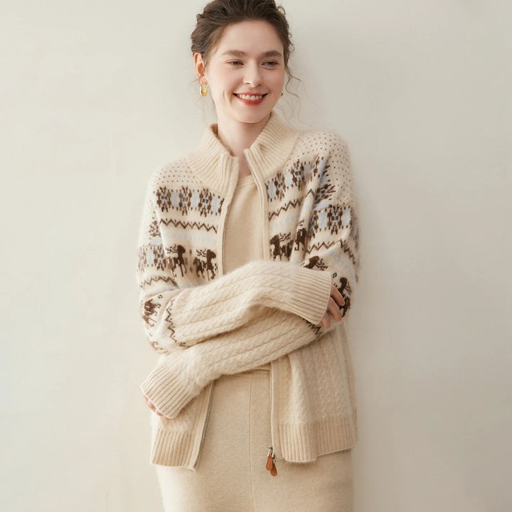 Women's 100% Cashmere Jacquard Zip Cardigan