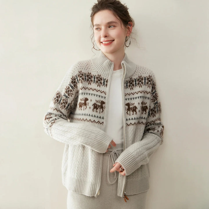 Women's 100% Cashmere Jacquard Zip Cardigan