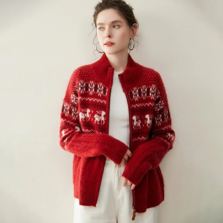 Women's 100% Cashmere Jacquard Zip Cardigan