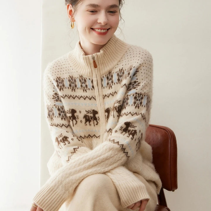 Women's 100% Cashmere Jacquard Zip Cardigan