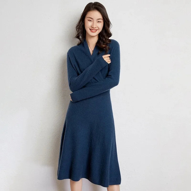 Women's Cashmere V Neck Midi Dress