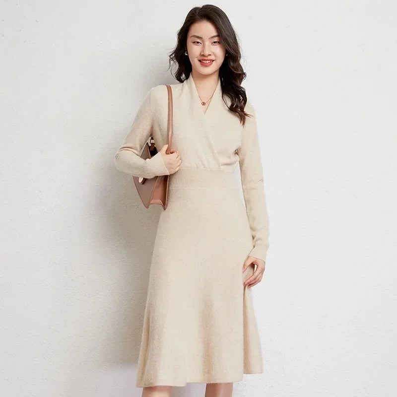 Women's Cashmere V Neck Midi Dress