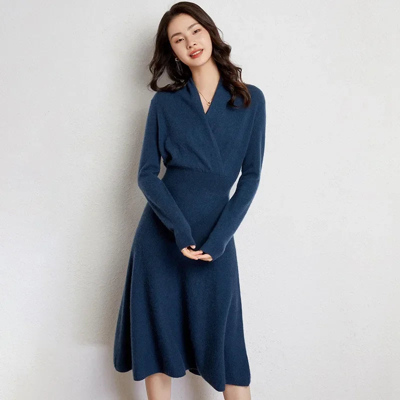 Women's Cashmere V Neck Midi Dress