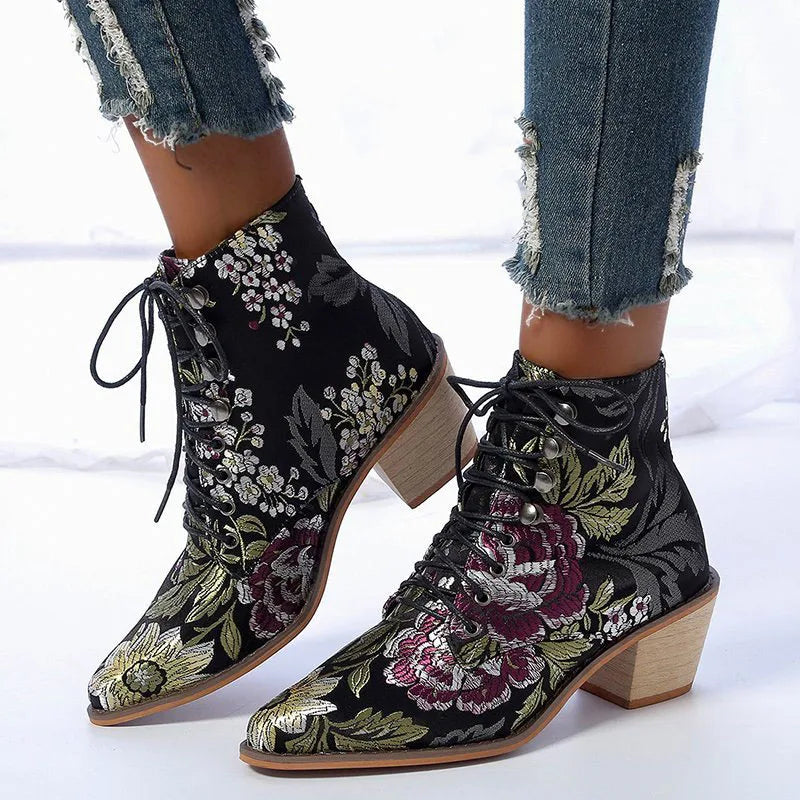 Women's Embroidered Lace-Up Ankle Boots