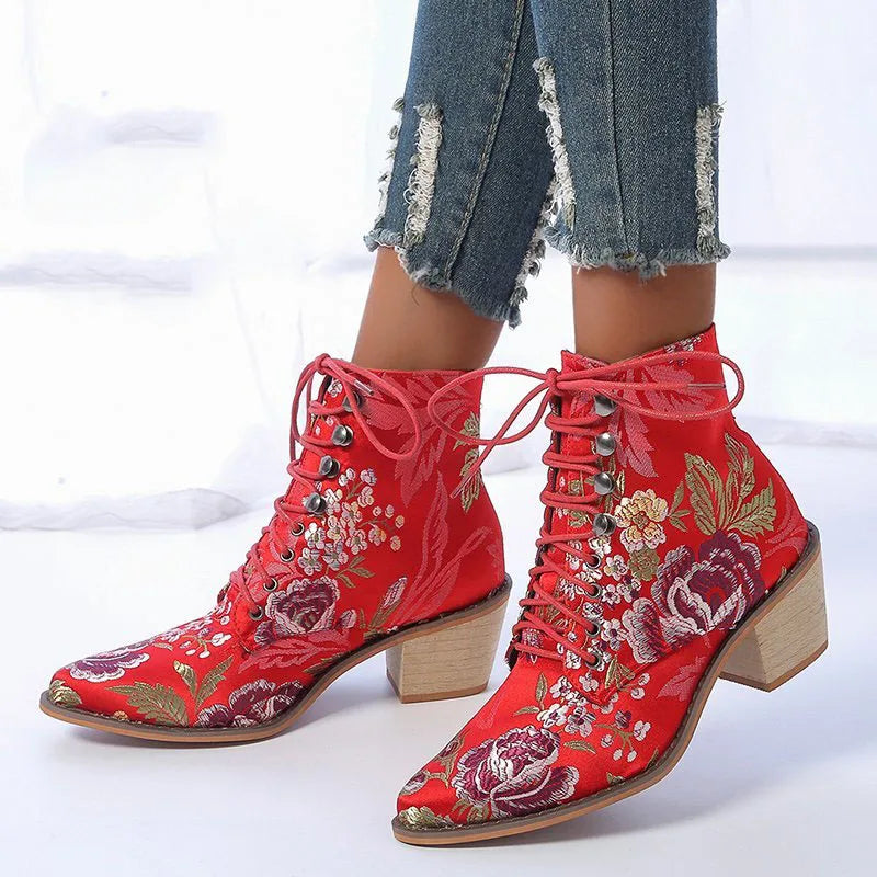 Women's Embroidered Lace-Up Ankle Boots