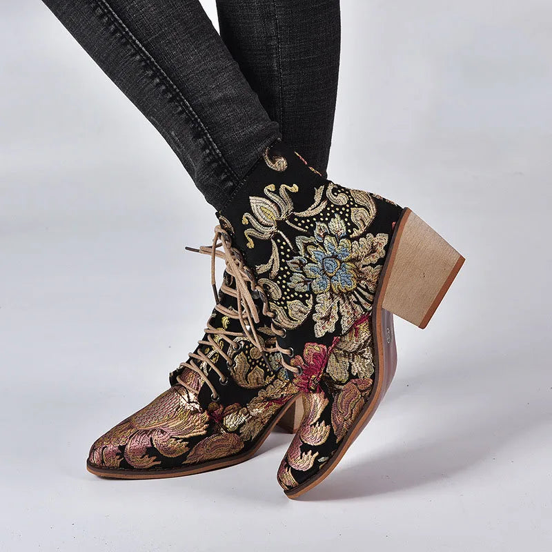 Women's Embroidered Lace-Up Ankle Boots