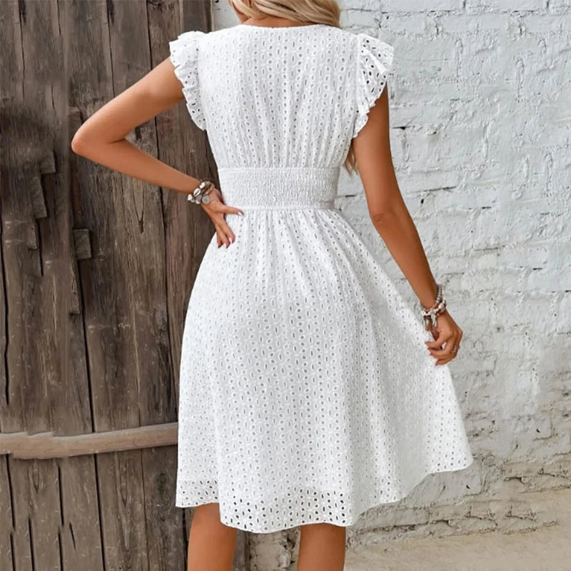  Women's Eyelet V-Neck Midi Dress